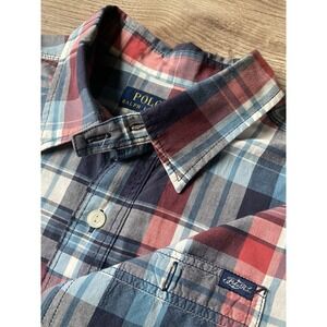 Polo Ralph Lauren Men's Long Sleeve Work Shirt 2‎ Pockets Red Blue Plaid Size XL